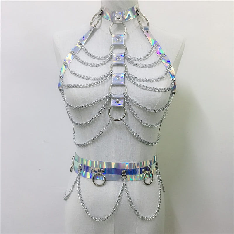 iridescent holographic chain harness with silver metal rings and chains designed as a creative versatile laser ladies belt bodysuit accessory