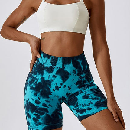 High Waist Tummy Control Yoga Shorts For Women, Tie-Dye Ruched Booty Lifting Workout Fitness Shorts, Hip Lifting Sports Activewear, Gym Exercise Running Shorts - Royalessencelux
