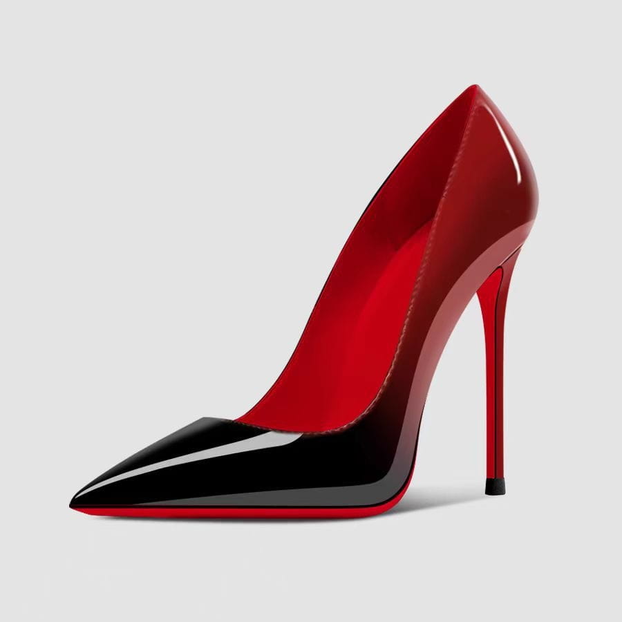 Black patent stiletto pointed toe high heels featuring red and black glossy patent leather and Christian Louboutin signature red sole designed for a pointed toe professional look.