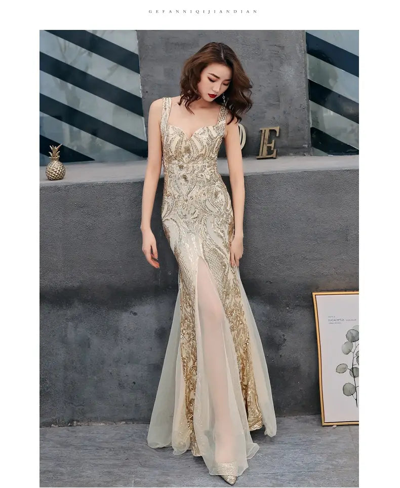 black fishtail long summer sequins sling evening dress featuring a shimmering gold-embellished mermaid-style silhouette with sheer overlay and high slit.