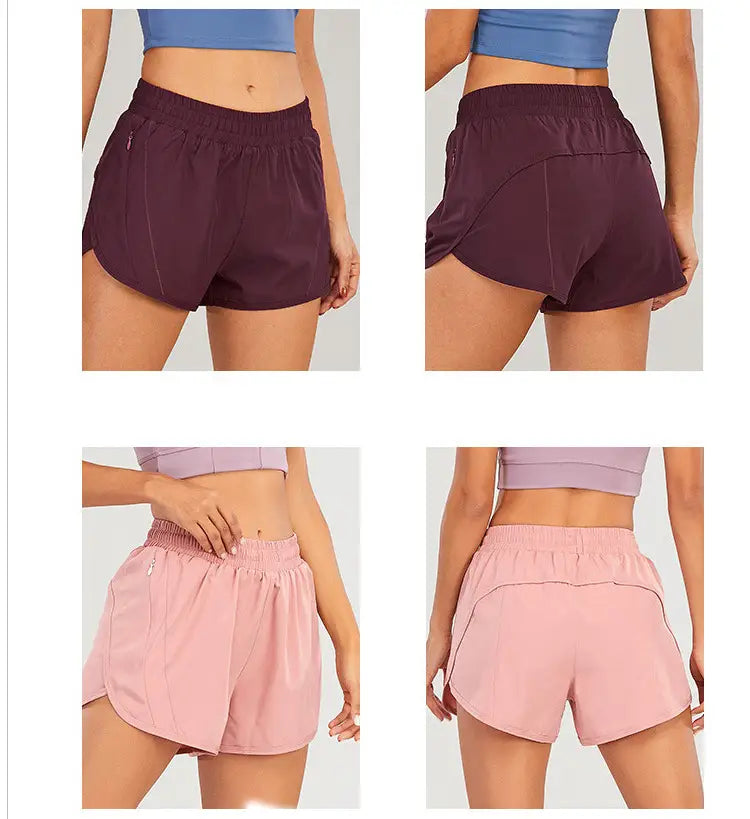 Maroon and pink lightweight summer sports shorts with elastic waistbands and breathable zipper pockets designed for comfort and loose fit.