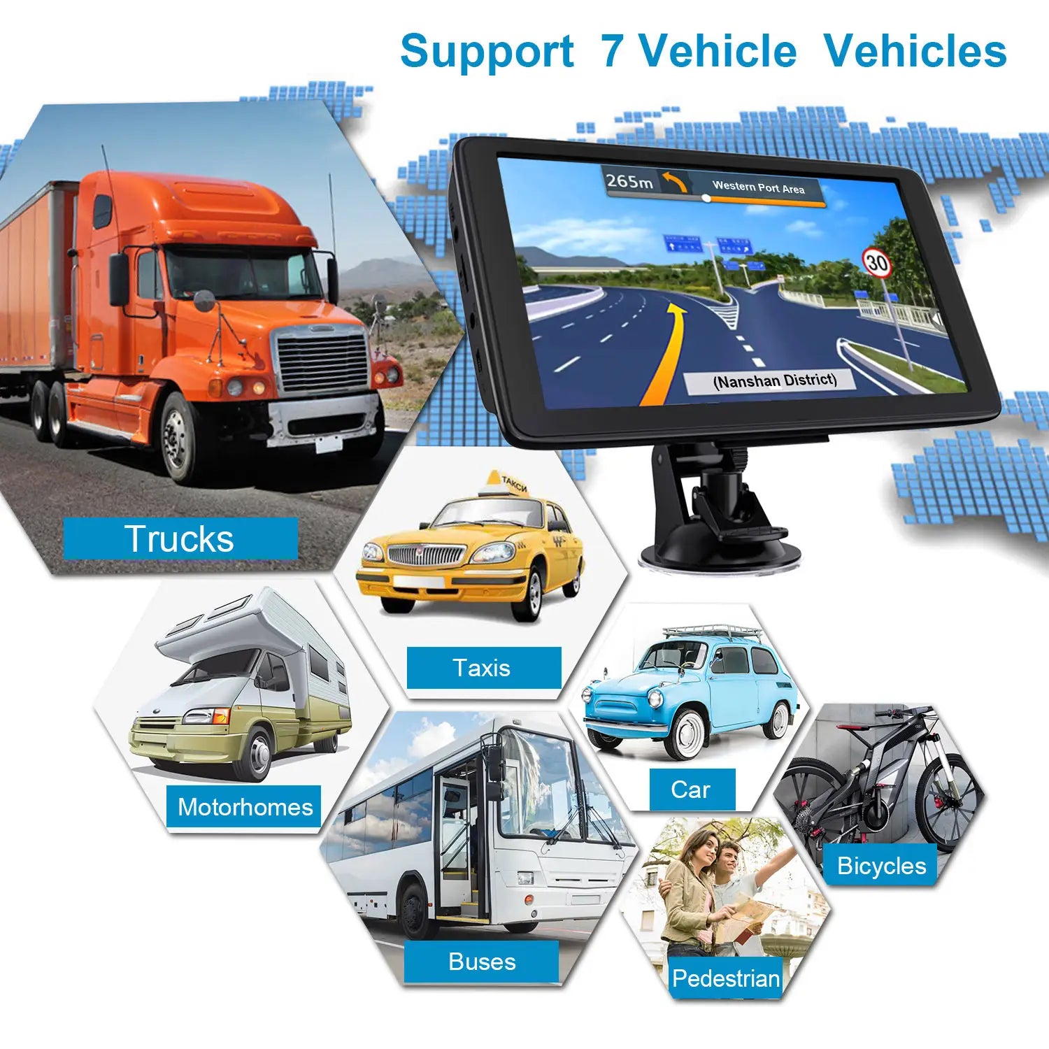 Black-framed portable 7-inch on-board gps navigator for car wagon with a touchscreen display showing road directions.