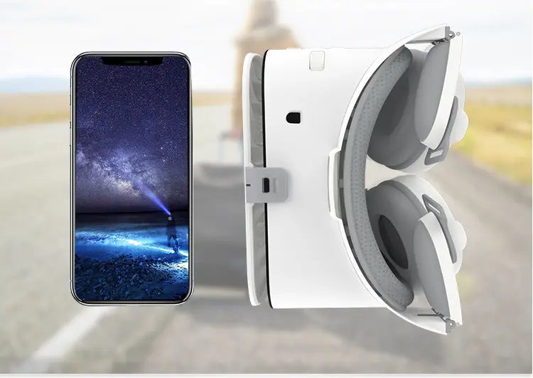 white bluetooth wireless headset vr glasses featuring gray padded ear cups and an adjustable head strap for comfortable remote control use