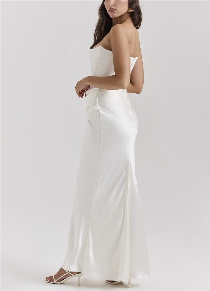 a sleek long dress sexy white satin gown featuring a strapless fitted bodice and flowing skirt perfect for dress sexy fashion and sexy fashion bandeau looks