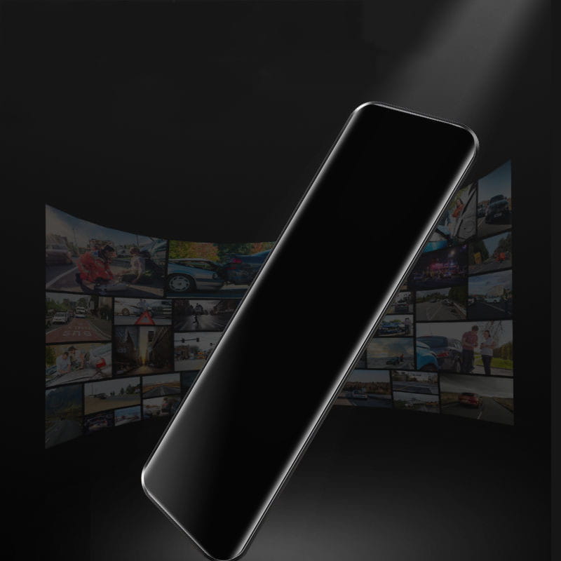 Black smartphone with sleek glossy finish and rounded edges shown from the back side for night vision dual lens rearview mirror camera use.