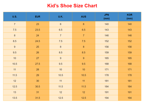 kid’s shoe size chart with yellow background and blue headers showing u.s., european, uk, australian, japanese, and korean measurements for silver mesh princess shoes bow for babies.