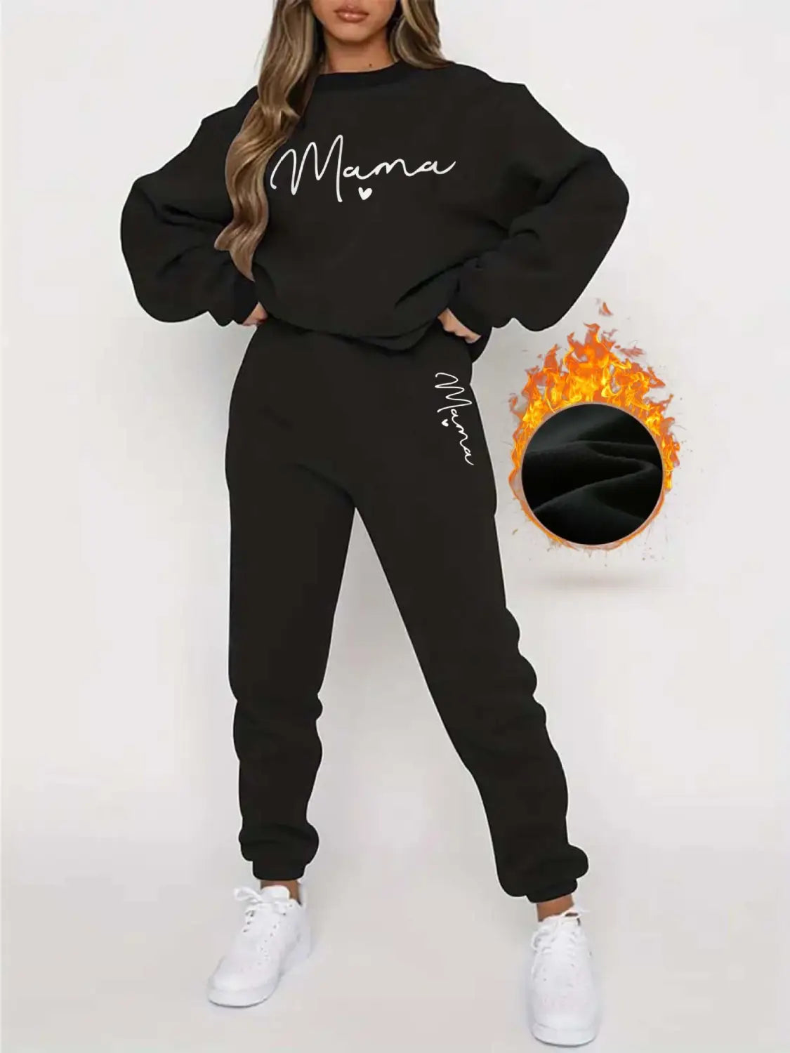 pink mama long sleeve printed fleece jogger set in black features a casual long sleeve sweatshirt and matching joggers with white cursive lettering and a cozy fleece lining.