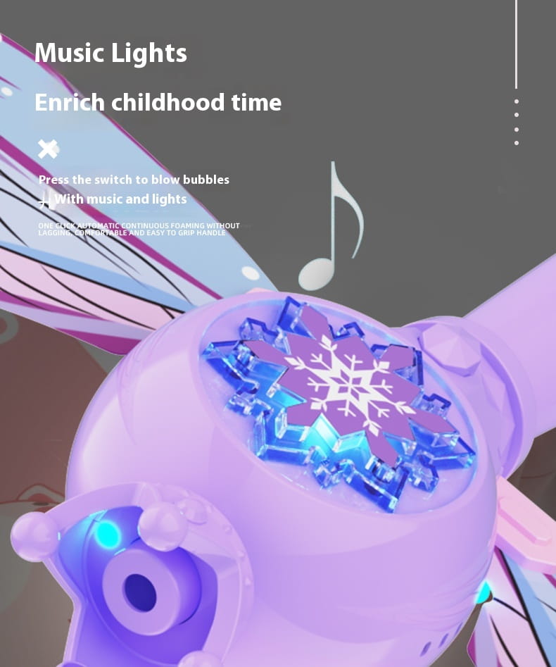 Purple butterfly fairy bubble stick is a purple and blue glittery snowflake-themed fairy bubble stick toy featuring music lights.
