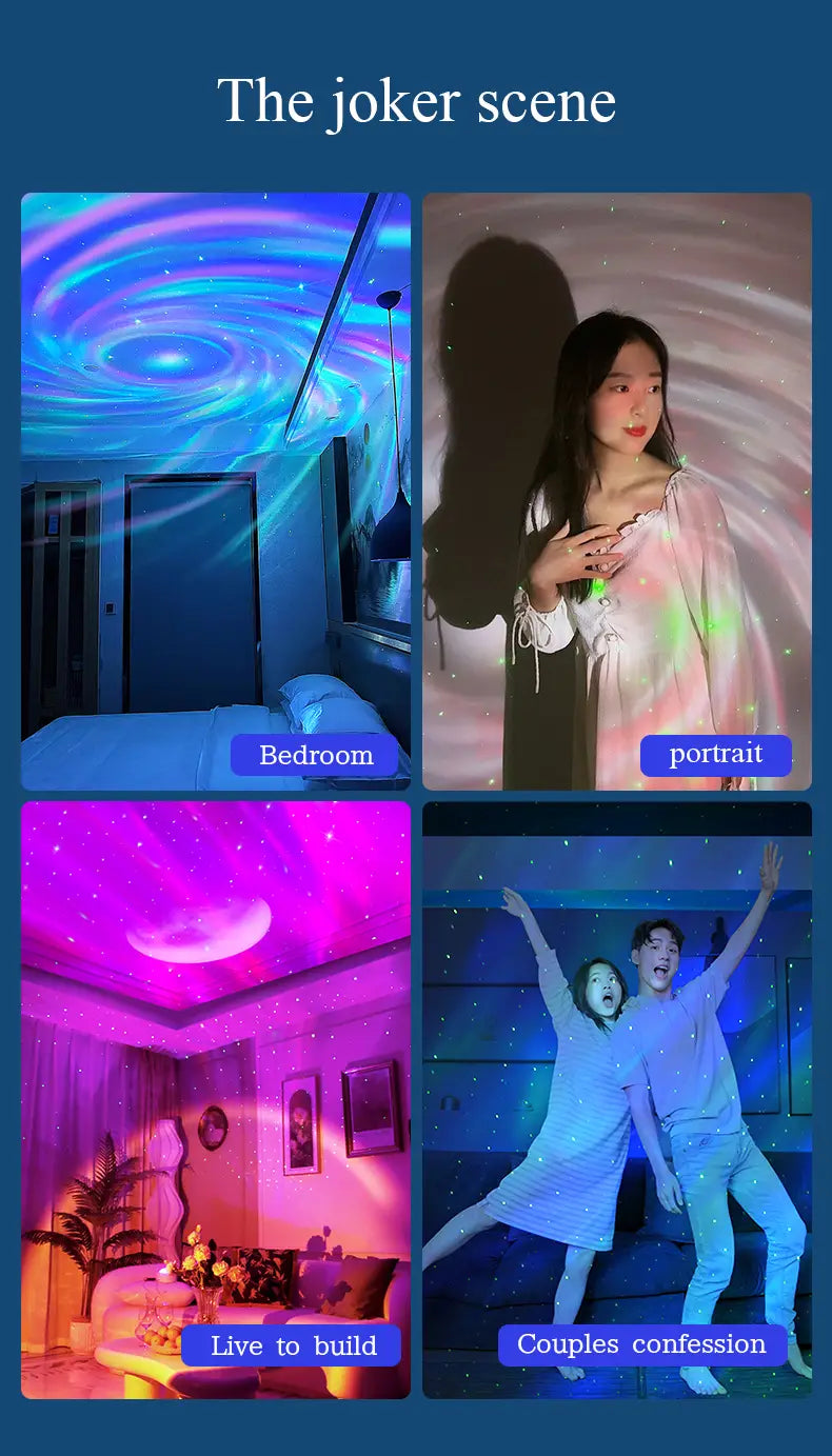 the double effect northern lights projector lamp casts vibrant swirling starry patterns in blue and purple hues across ceilings and walls creating an immersive effect northern lights ambiance.