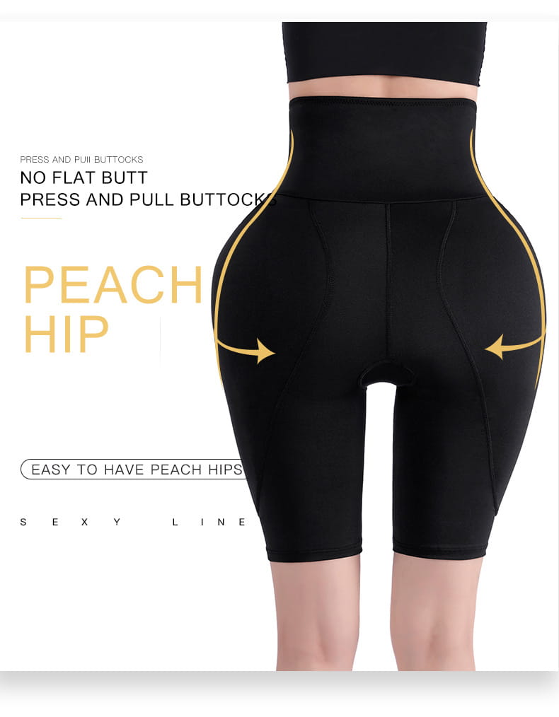 black high waist body shaper leggings with gold accent stitching and peach hip design for tummy control and fat burning high performance
