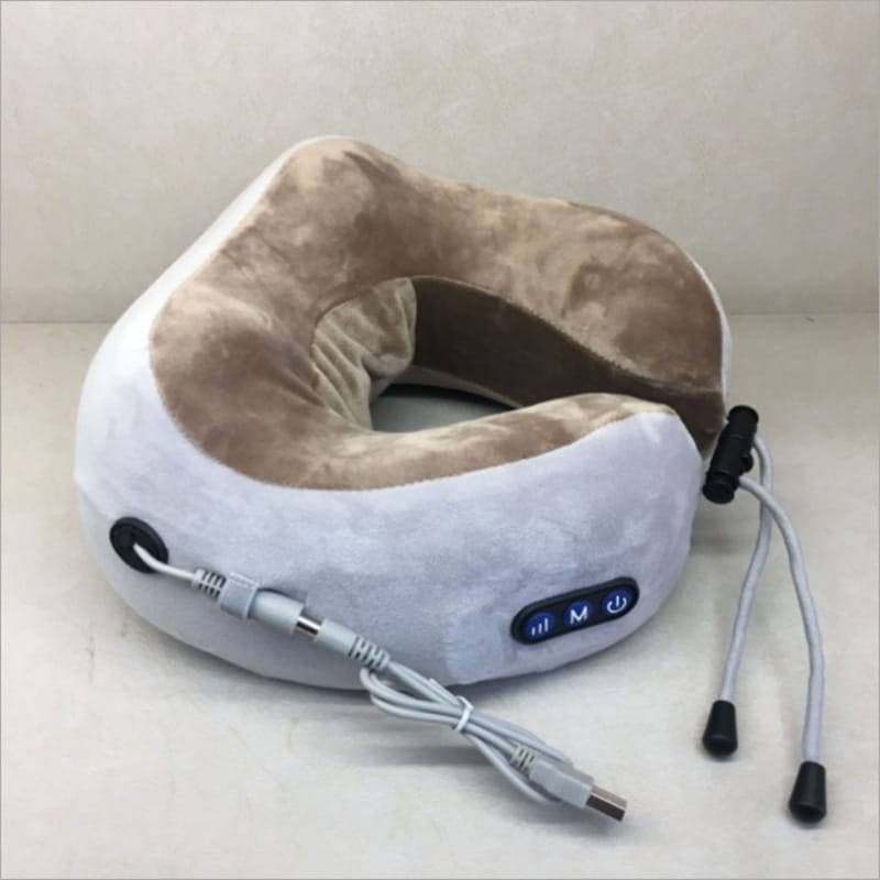 light blue fabric car massage pillow featuring a plush two-toned massage pillow with a white exterior and beige interior lining designed for car massage use