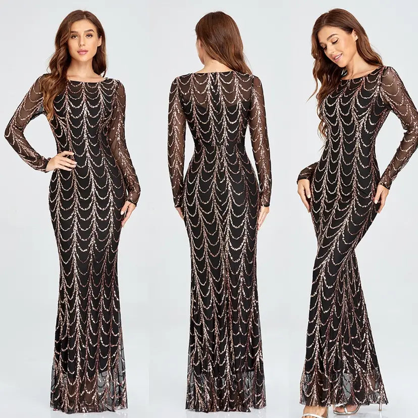 A black long-sleeved women maxi dress featuring shimmering silver sequin waves on the bodice and skirt, ideal as a sequins women maxi evening gown.