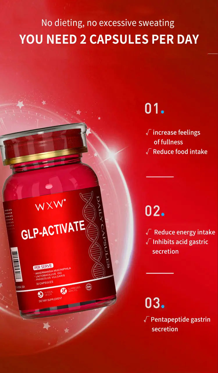 A red glass bottle with a gold cap and white label featuring glp-activate branding for luxury glp-1 capsules designed to support plus size dresses bikinis and luxury women’s fashion.