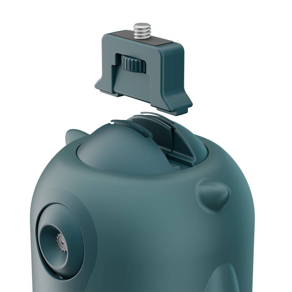 Teal owl gimbal ai face recognition intelligent follow-up with a teal-colored rounded camera tripod head featuring a built-in quick-release plate and adjustable locking mechanism.