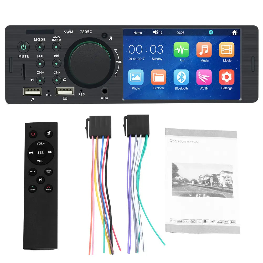 Black 7805c car stereo with touchscreen display and control buttons featuring usb hands free and hands free reversing video capabilities.