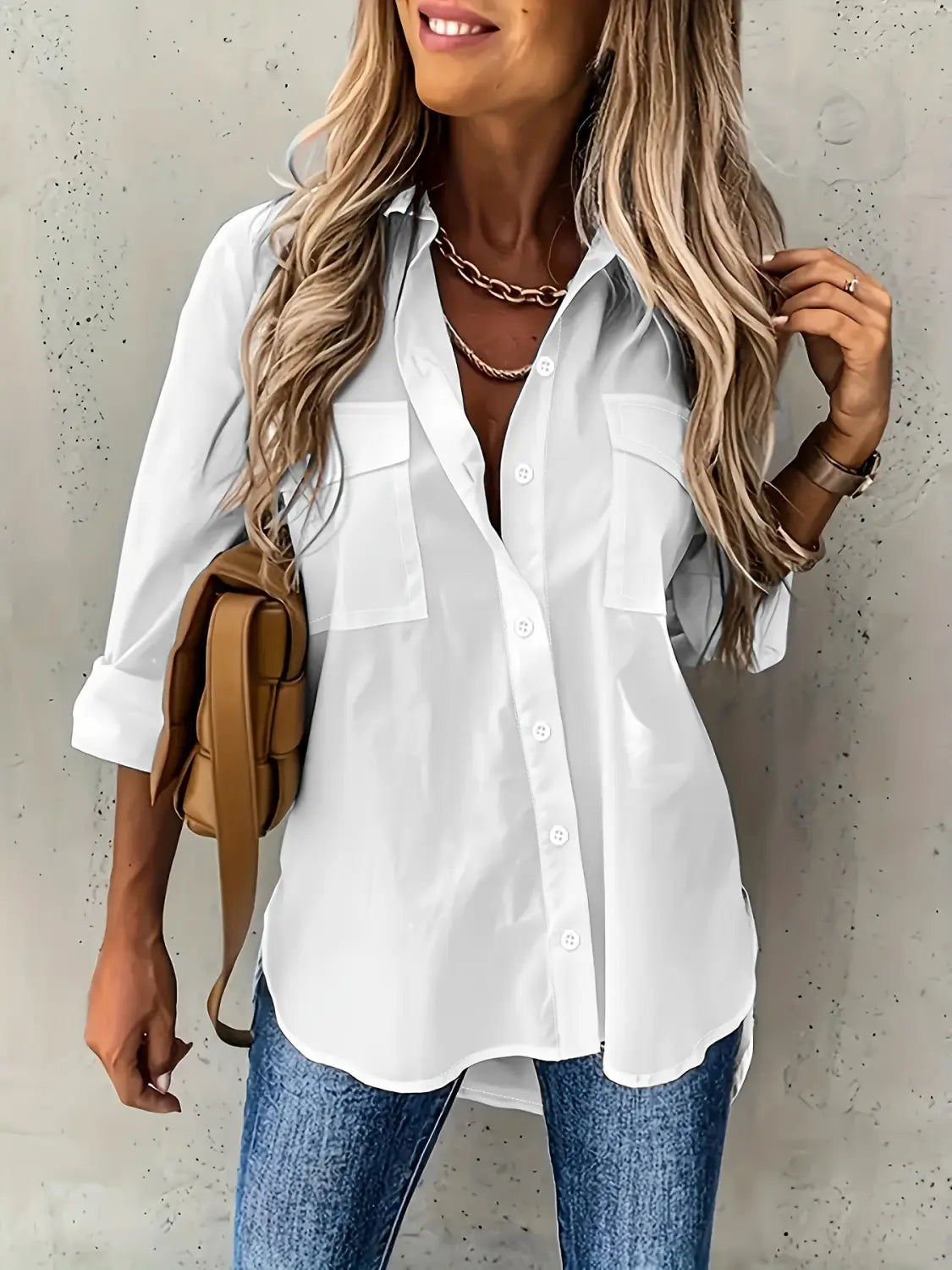 white button-up shirt featuring two chest pockets and rolled sleeves as part of a long sleeve lapel button down shirt collection