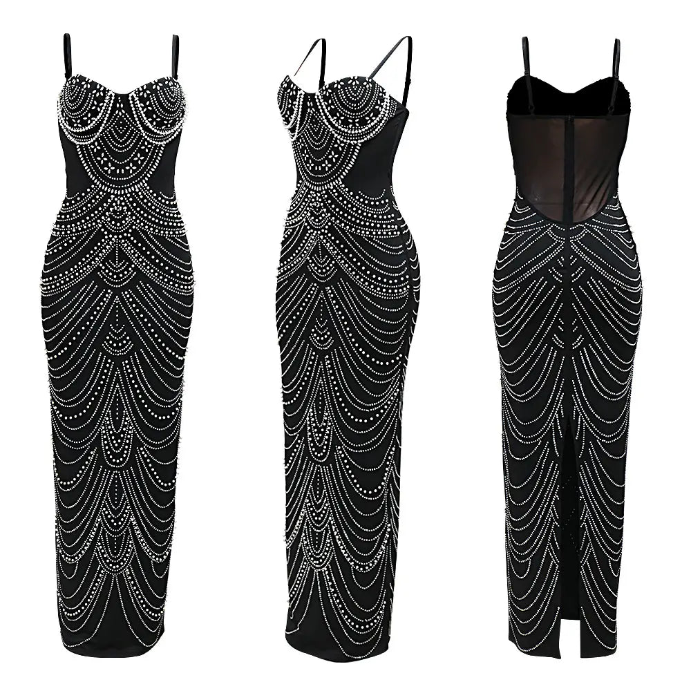 black beaded evening gown featuring silver rhinestone hot drilling detailing and thin spaghetti straps designed as a sling hot drilling geometric beaded evening dress