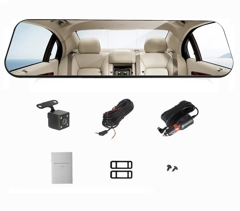Black rectangular rearview mirror with integrated camera and mounting hardware shown from the back side of the white glass white glass white mirror rearview driving recorder.