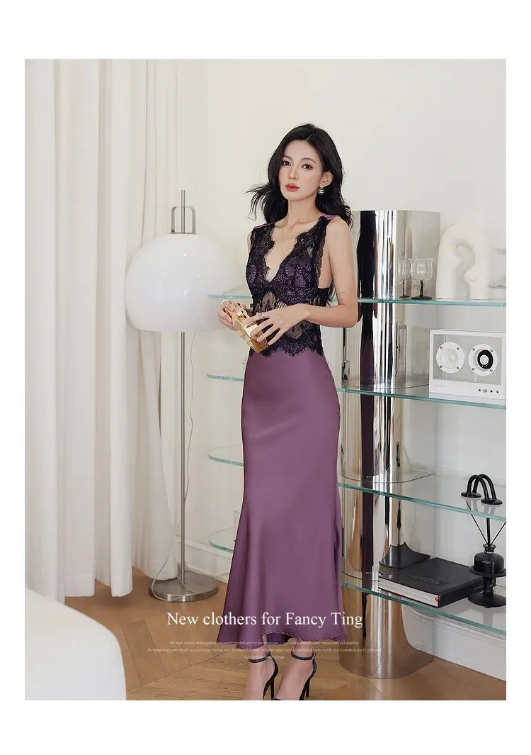 A woman wearing a sophisticated lavender satin mermaid gown with intricate black lace detailing on the bodice resembling a blue sleeveless lace sheath dress.
