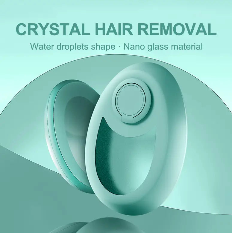 a sleek light teal nano glass crystal hair eraser hair removal tool shaped like a water droplet
