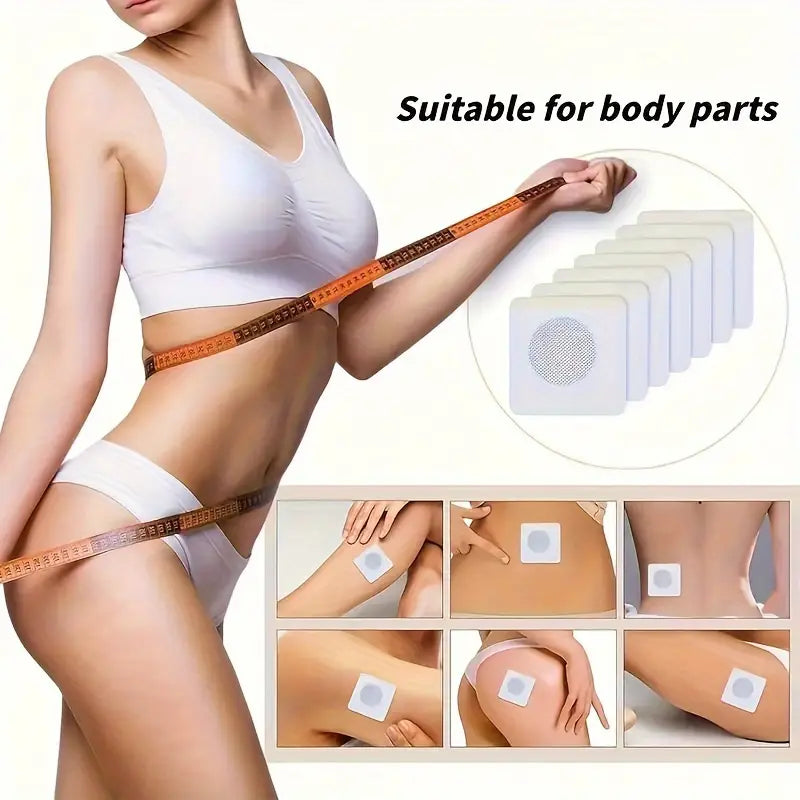 white square adhesive magnetic slimming navel belly button patches with a textured circular center designed for application on various body parts
