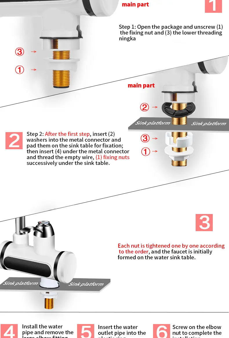 White and brass-colored kitchen electric water heater faucet with a sleek cylindrical body and integrated control knobs featuring a digital display.