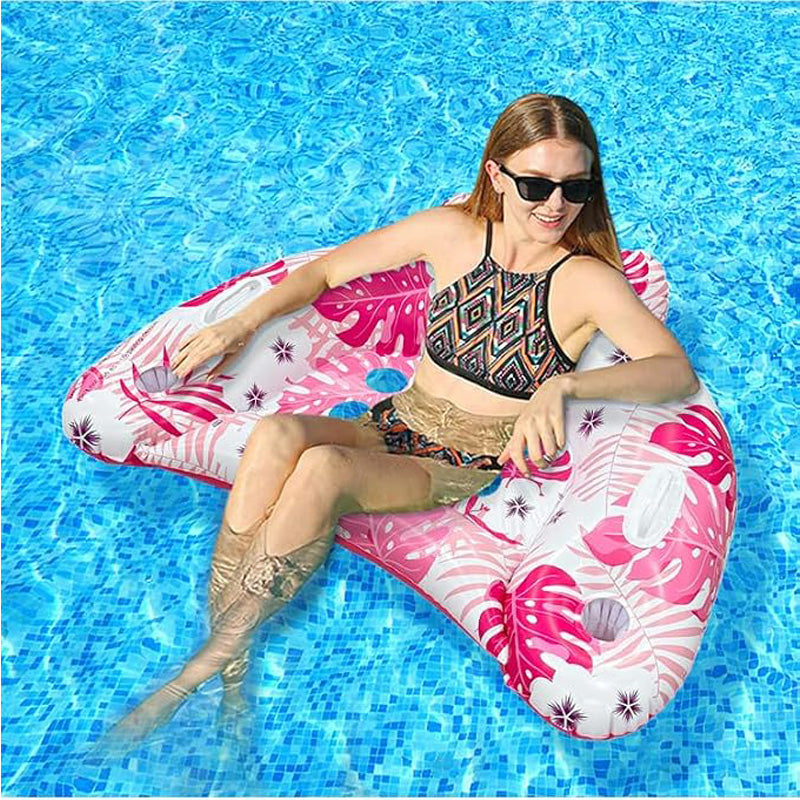 Inflatable Tropical Print Pool Lounge Chair Float with Cup Holders and Air Pump