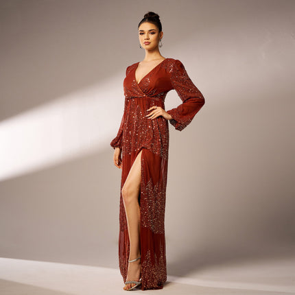 Long Sleeve V-neck Sexy Long Sequined Evening Dress - Royalessencelux