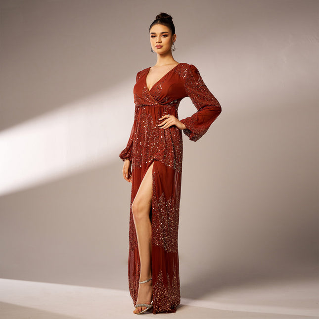 Long Sleeve V-neck Sexy Long Sequined Evening Dress - Royalessencelux