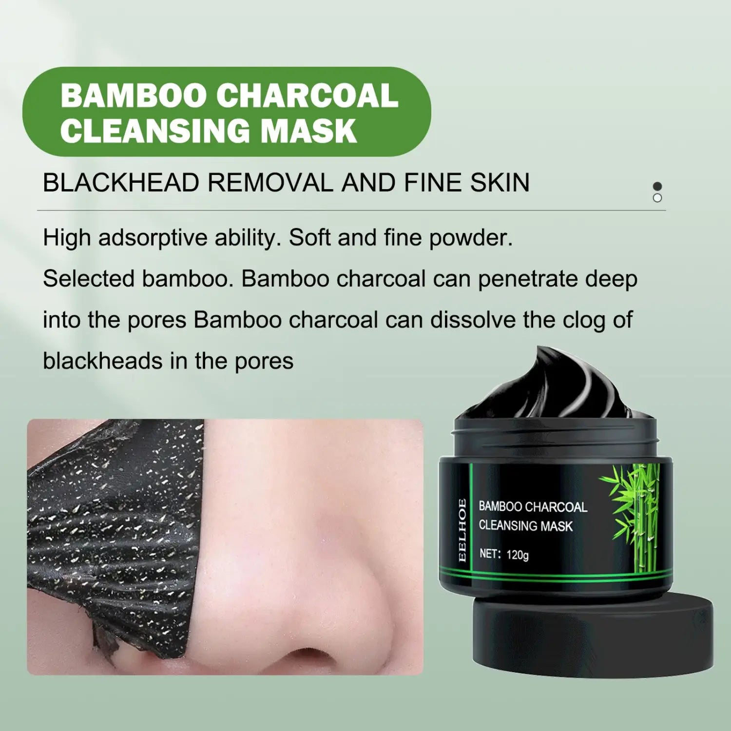 black bamboo charcoal cleansing peel-off mask in a sleek black jar with green bamboo leaf design for effective blackhead removal net weight 120g