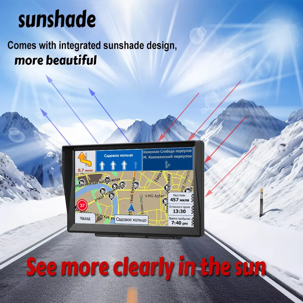 Black-framed 9-inch navigator car portable gps navigation device with a sunshade design for clear visibility in bright sunlight for portable truck large use.