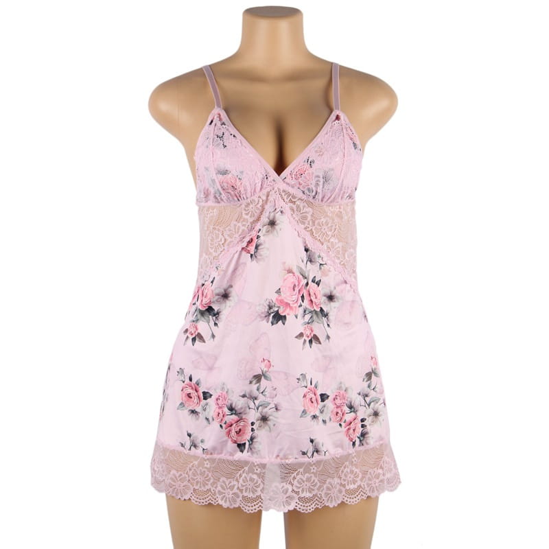 plus size embroidery patchwork lace pink floral lace nightgown with delicate spaghetti straps and a v-neckline for sleeping.
