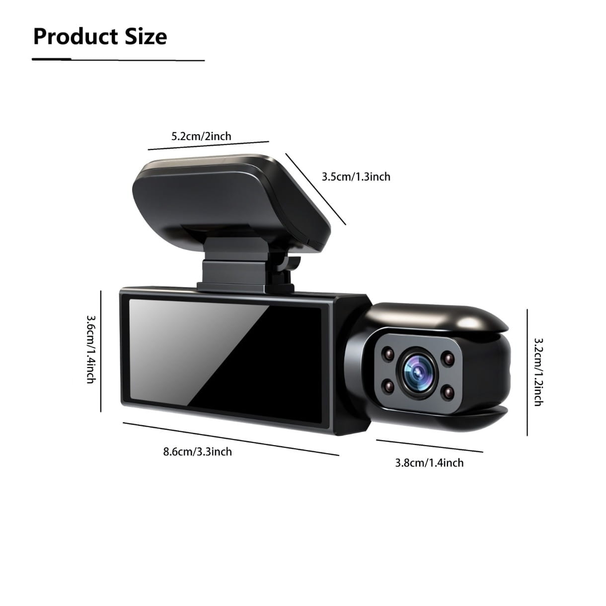 Black dual lens dash cam with sleek compact design and a small screen on the left side featuring a 32g memory card for enhanced storage.
