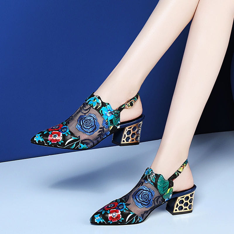 black rhinestone rose sandals mesh fish mouth heels feature black lace floral embroidered slingback heel sandals mesh with a gold honeycomb-patterned block heel.