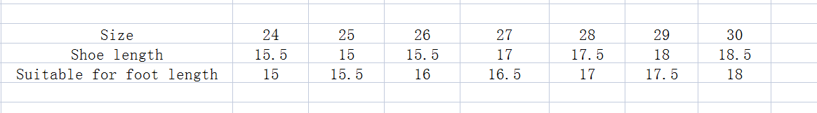 A size chart for rhinestone bow girl soft-soled net beach shoes showing various shoe sizes and their corresponding foot lengths in centimeters.
