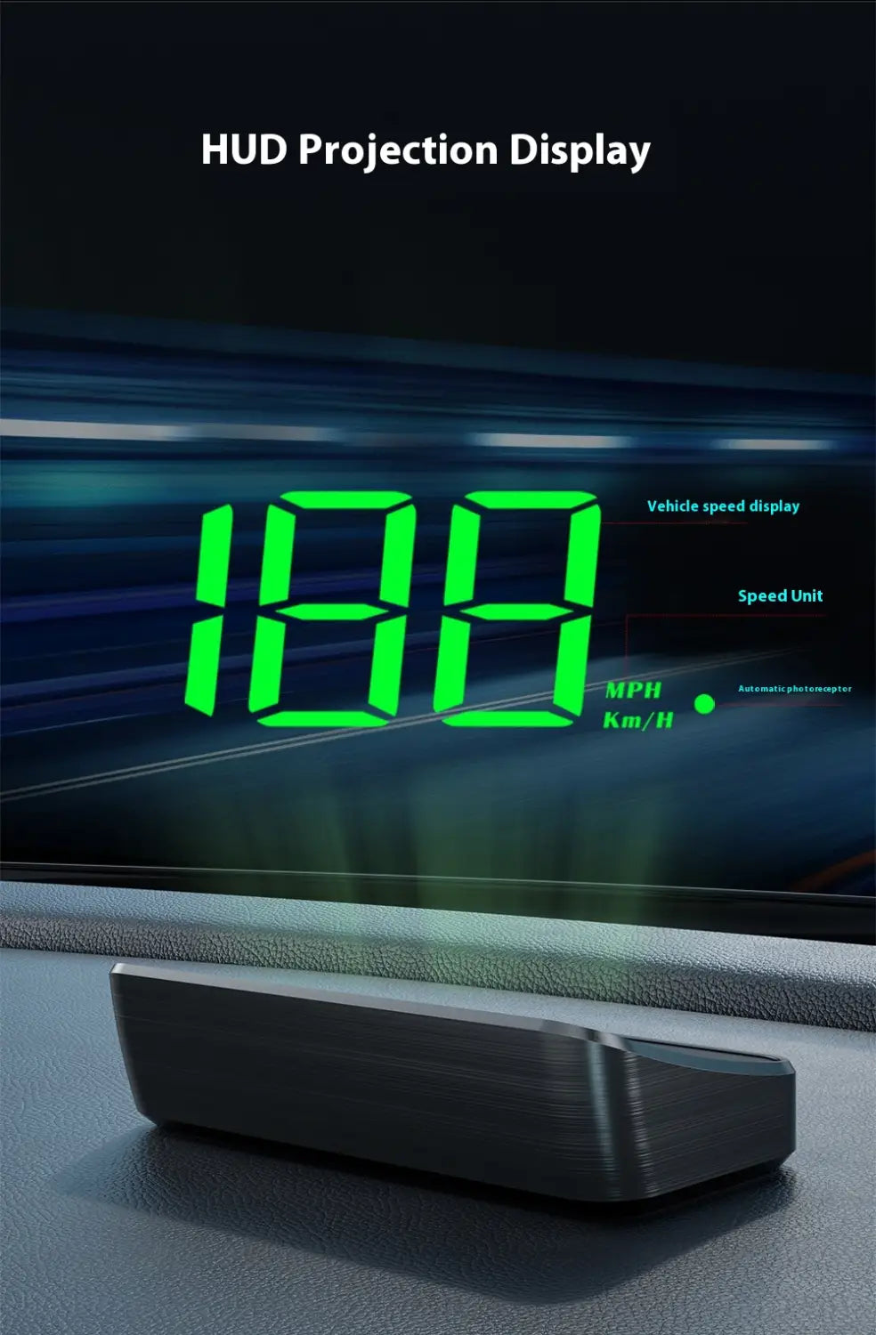 Black rectangular universal head-up display car GPS velometer with a brushed metal finish displaying bright green digital speed readings on the windshield.
