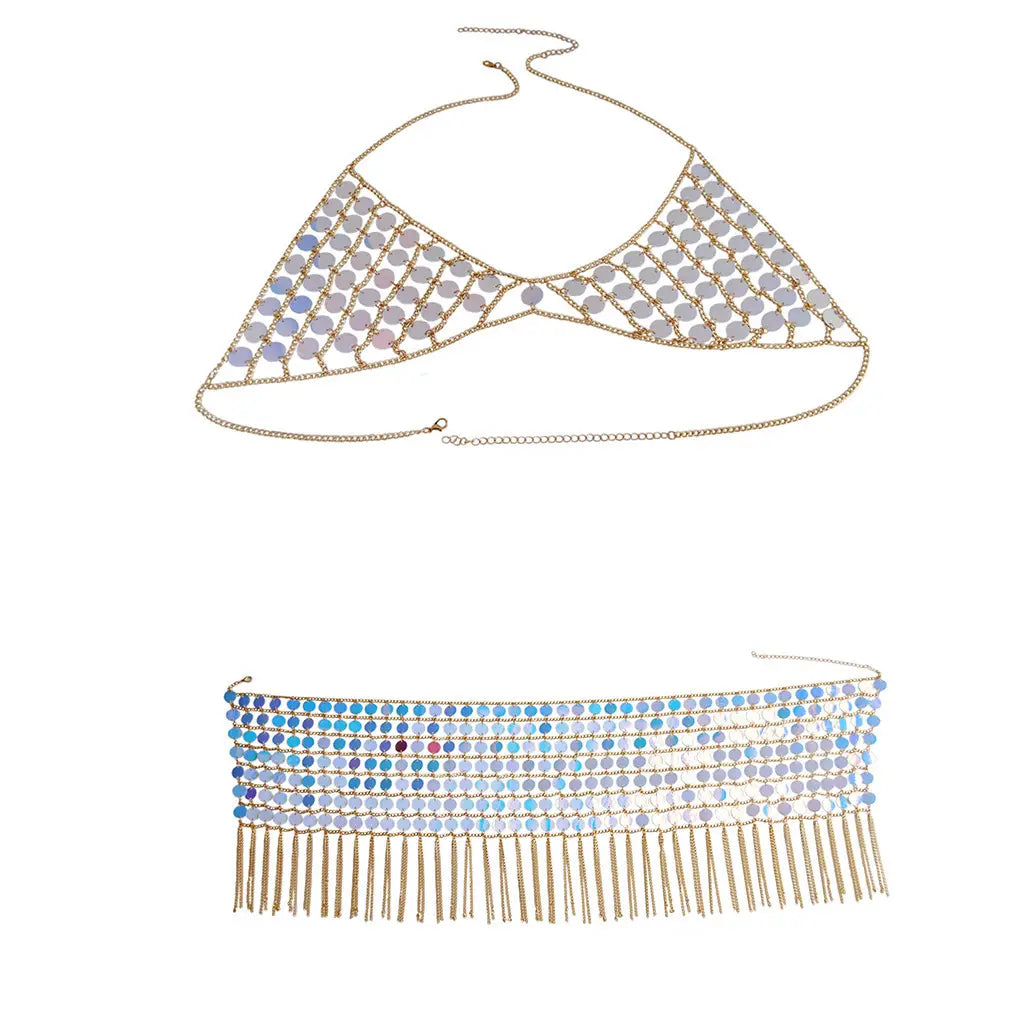 gold-toned glorious sequin dress nightclub costume featuring a shimmering multi-layered top with iridescent blue and silver sequins and a matching belt with cascading fringe for dress nightclub costume use