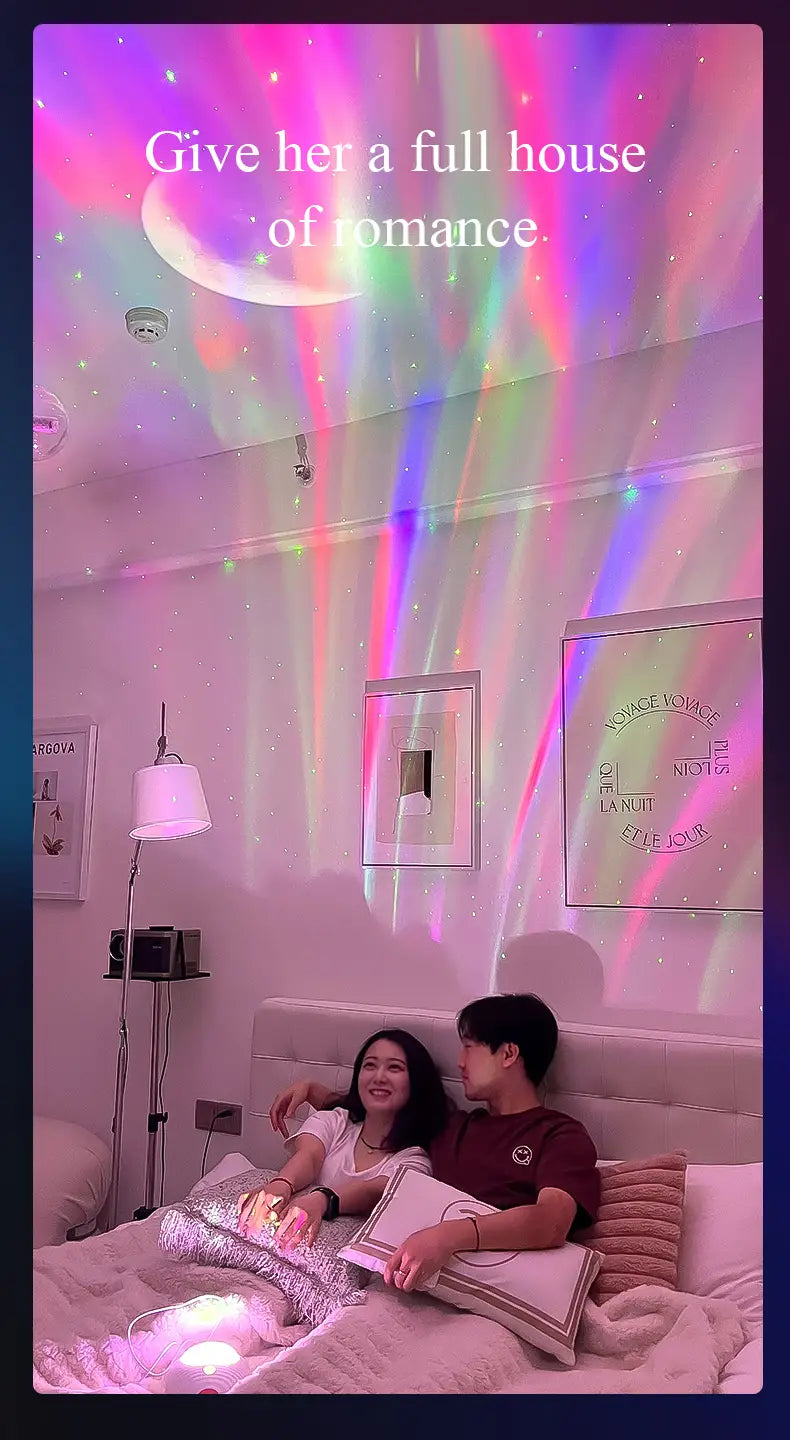 a ceiling-mounted double effect northern lights projector lamp casting vibrant rainbow starlight and a crescent moon across the room