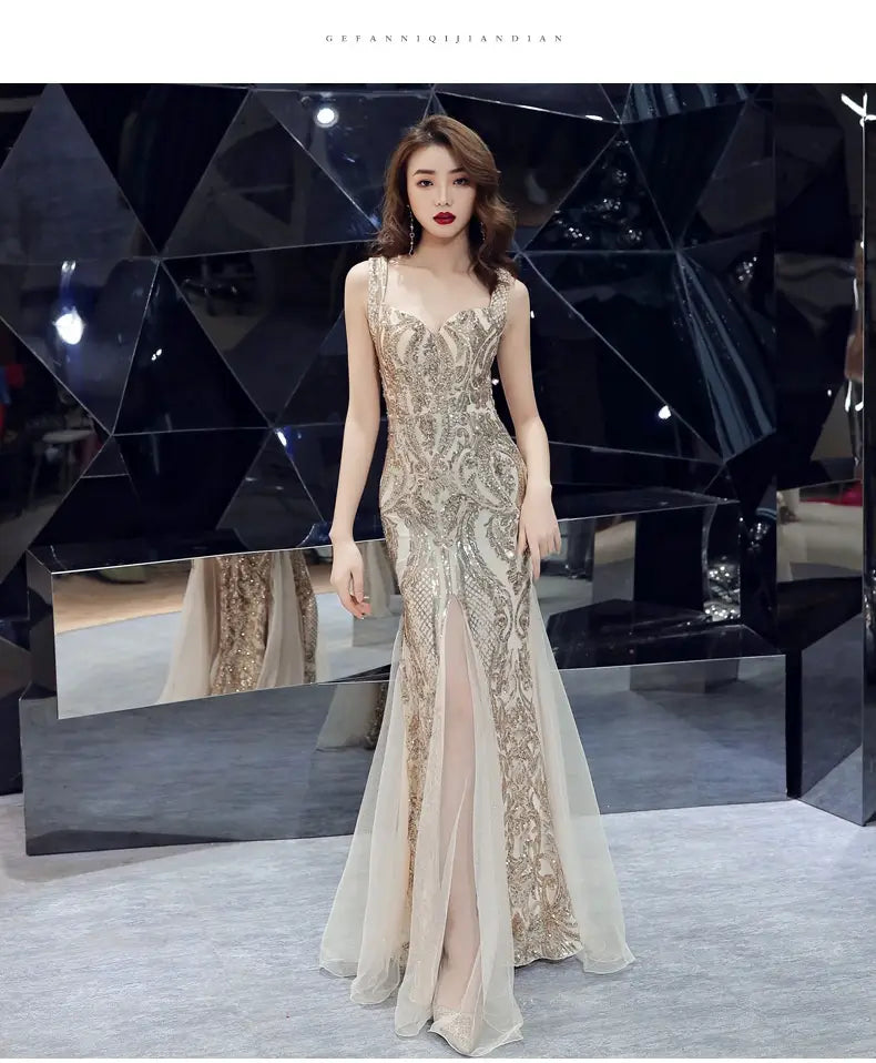 A shimmering gold and cream beaded fishtail long summer gown with intricate lace detailing and summer sequins sling design for evening wear.