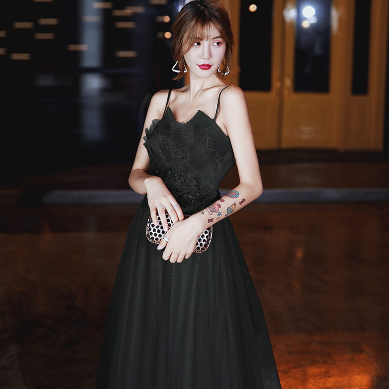 black lace and tulle evening dress with spaghetti straps designed for wear engagement suspender in an engagement suspender evening style