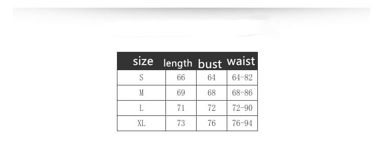 Size chart displaying measurements in inches for the hollow lace hot seductive bodysuit in sizes s through xl.