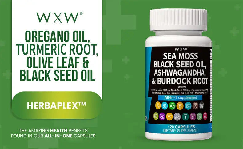 White plastic bottle with a white ribbed cap labeled wxxw sea moss black seed oil ashwagandha and burdock root featuring colorful circular icons indicating vitamins and minerals in seaweed capsules for health and wellness.