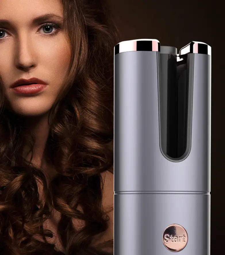 Silver and rose gold wireless rechargeable curling iron electric with digital display and sleek modern design