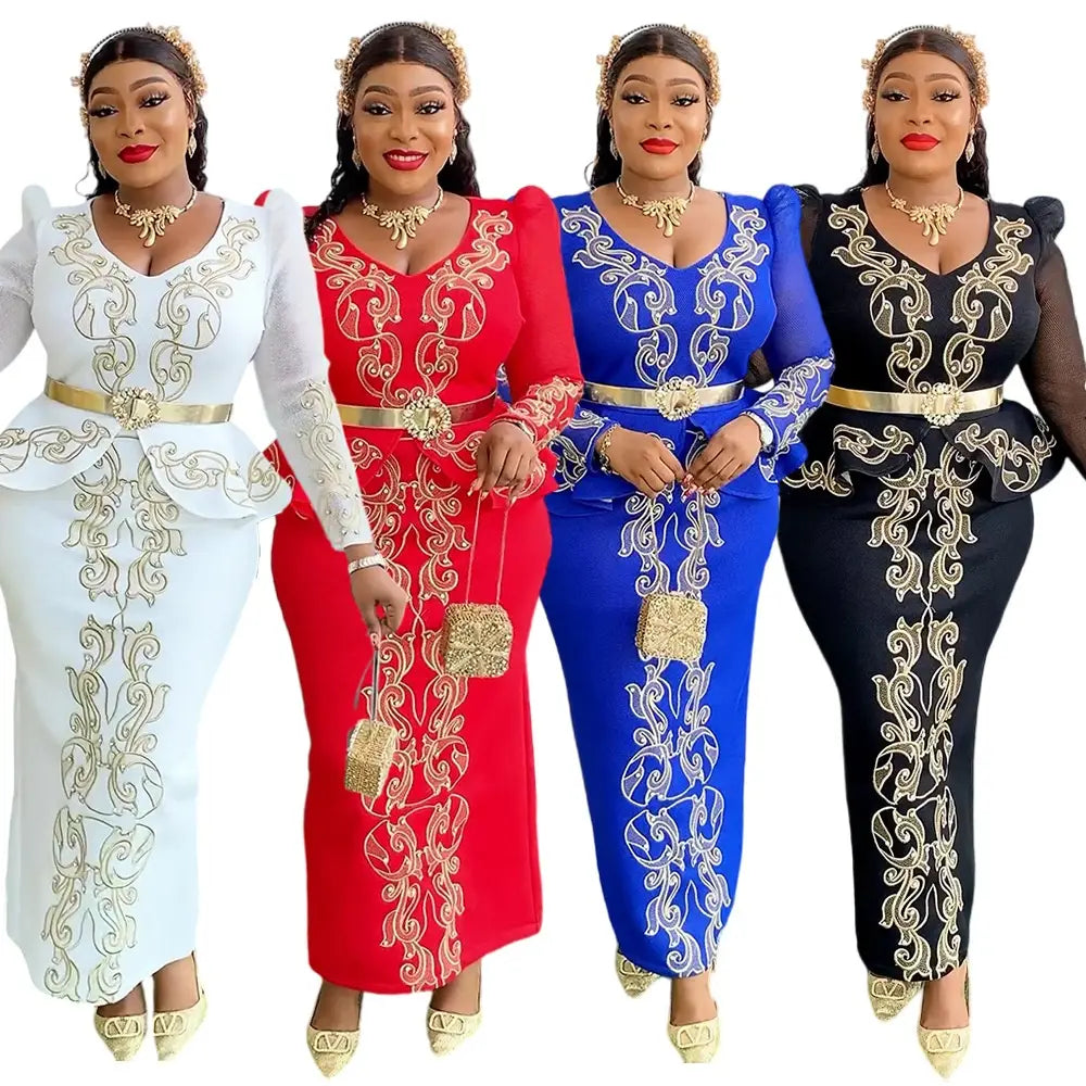Elegant plus-size luxury rhinestone beaded peplum formal dresses in white red blue and black with intricate gold embroidery matching belt ornate buckle long sleeves and peplum waistline.