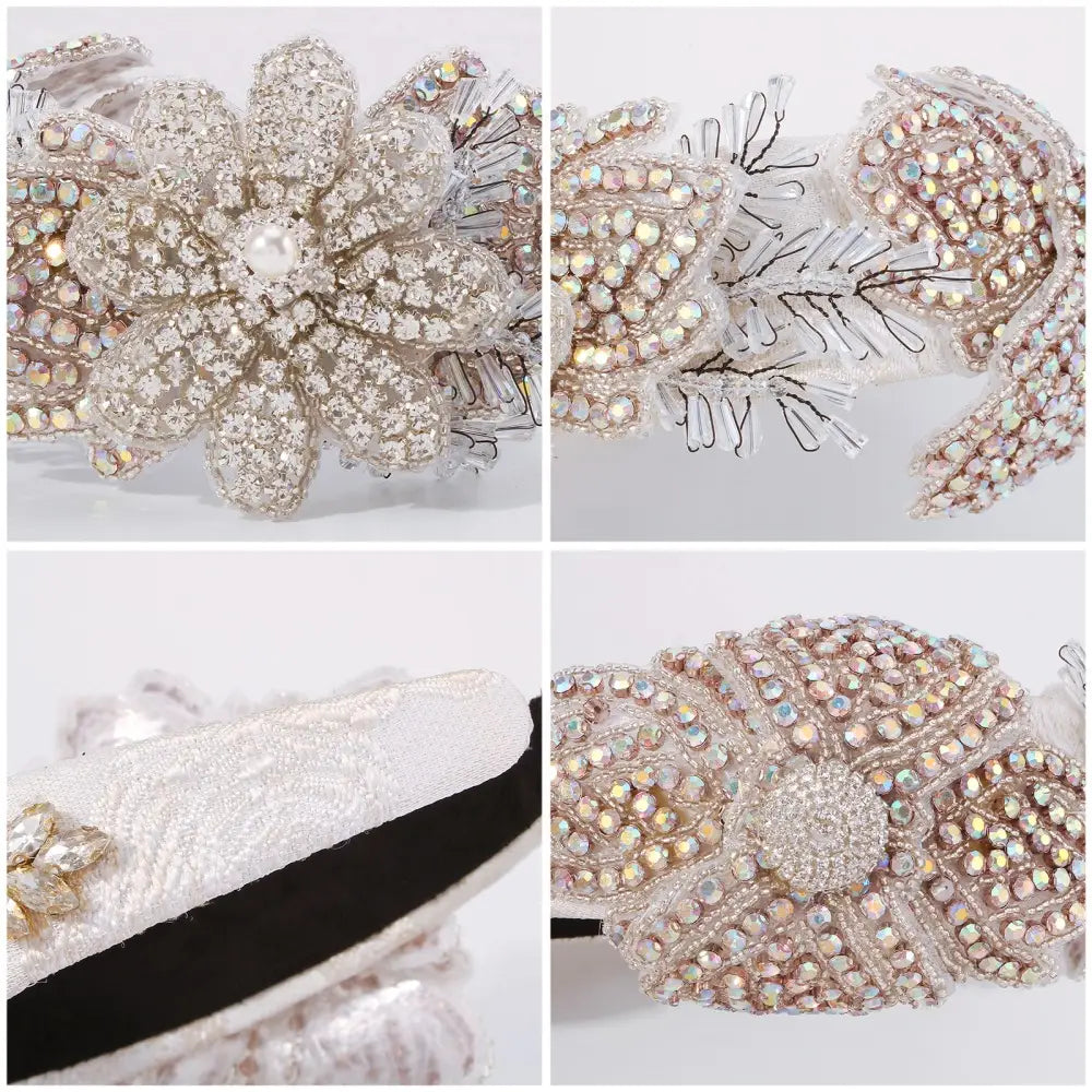 A sparkling silver beaded headband with intricate floral designs, iridescent rhinestones, and a central pearl accent, perfect as hair accessories vintage for an exaggerated temperament hair look.