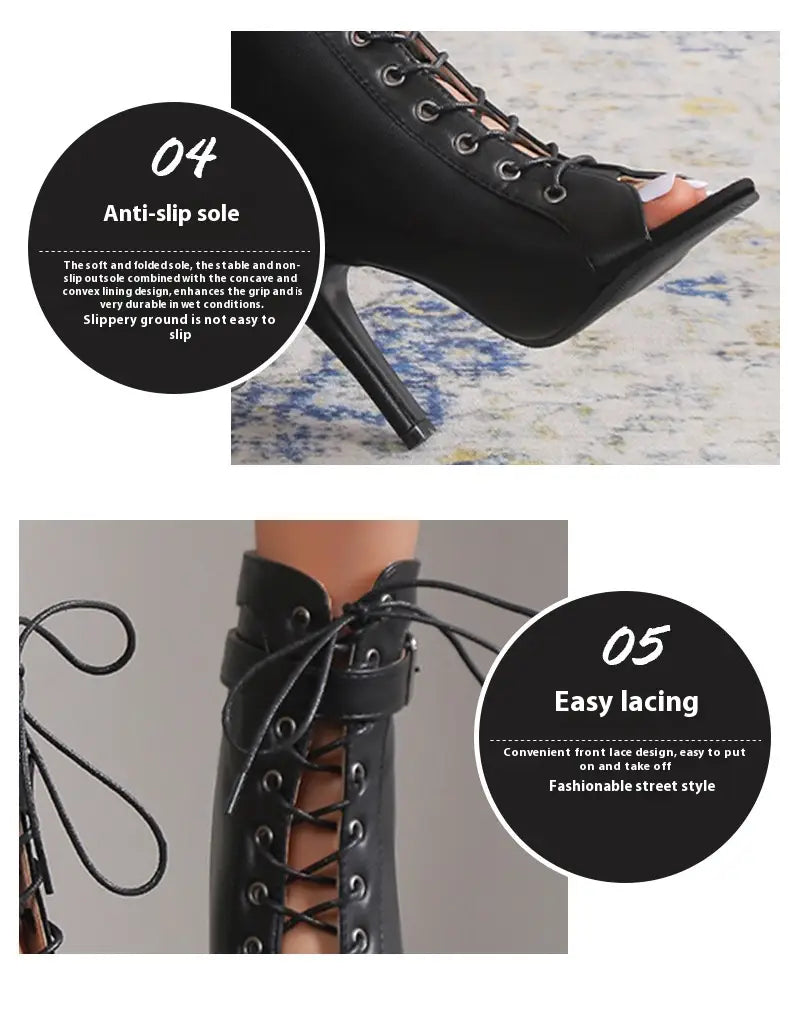 black leather peep toe high heel pumps featuring a black lace-up high-heeled boot design with a pointed toe and ankle-high style.
