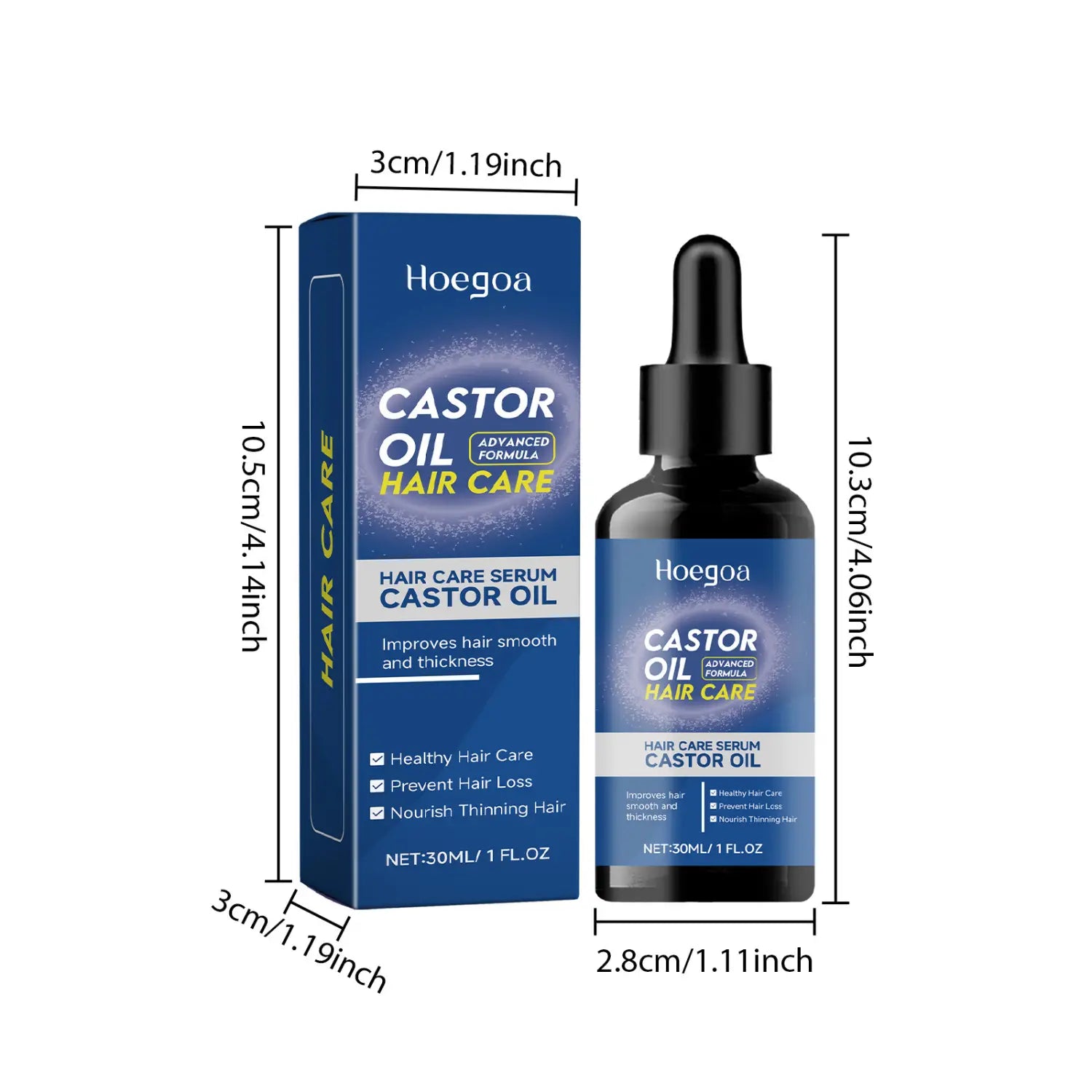 hoegoa castor oil hair care solution improves hair smoothness in a sleek black glass bottle with a dropper cap and blue cardboard packaging