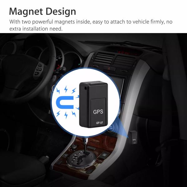 Black rectangular magnetic GF07 mini GPS real time tracker with GPS and GF07 printed on front designed with a magnet for easy vehicle attachment.