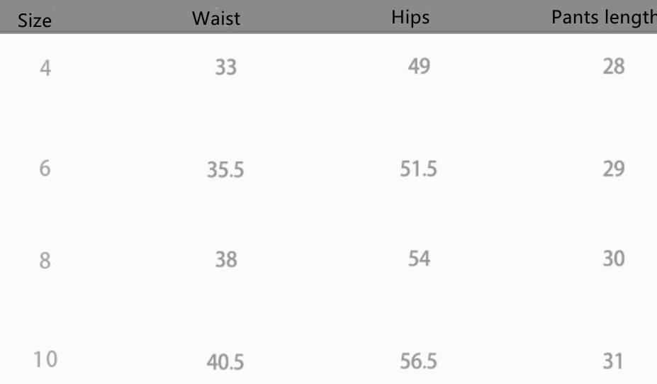 size chart for mesh pockets fitness two piece athletic set pants displaying measurements in inches for sizes 4 to 10.