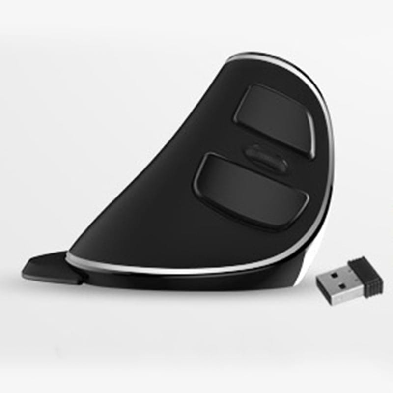 black ergonomic wireless mouse with silver trim and two main buttons displayed with a usb receiver for use as a vertical ergonomic snail rgb wired mouse alternative.